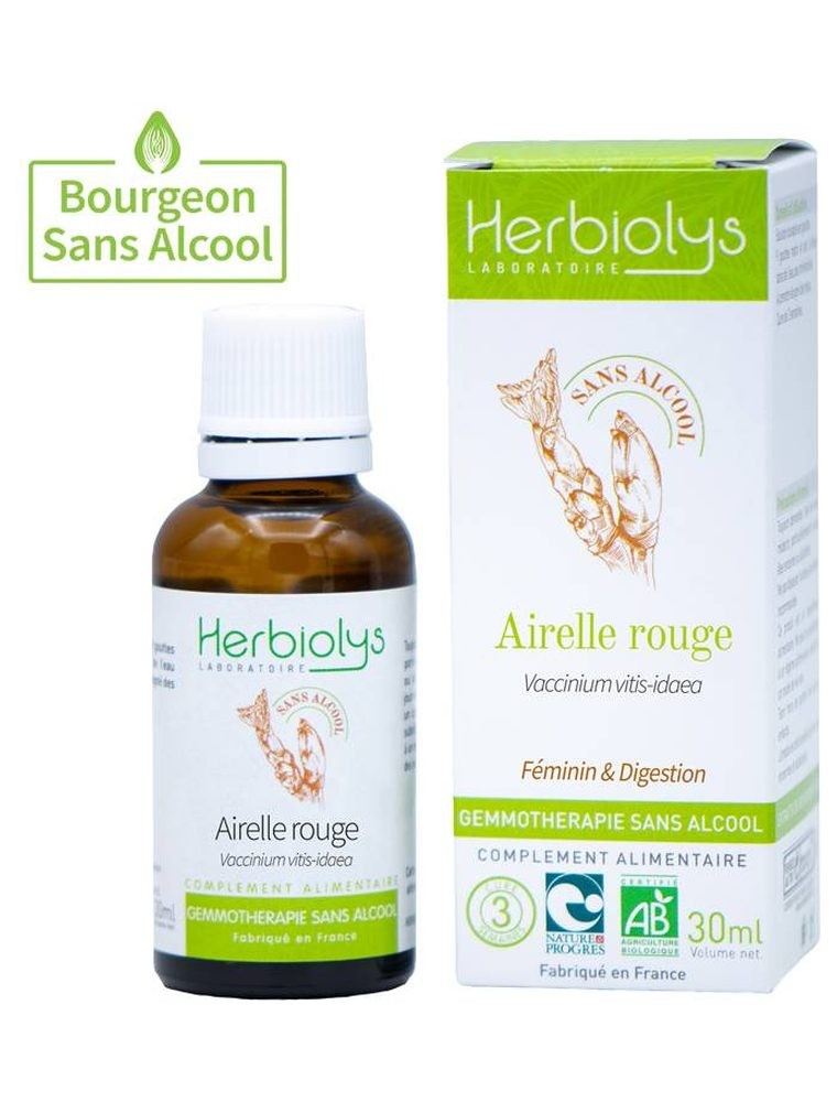 Image principale de la modale pour Airelle Rouge Macérât de jeunes pousses Sans Alcool Bio - Féminin et Digestion 30 ml - Herbiolys