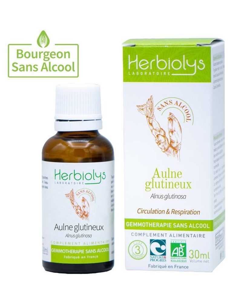 Image principale de la modale pour Aulne Glutineux Macérât de bourgeons Sans Alcool Bio - Circulation et Respiration 30 ml - Herbiolys