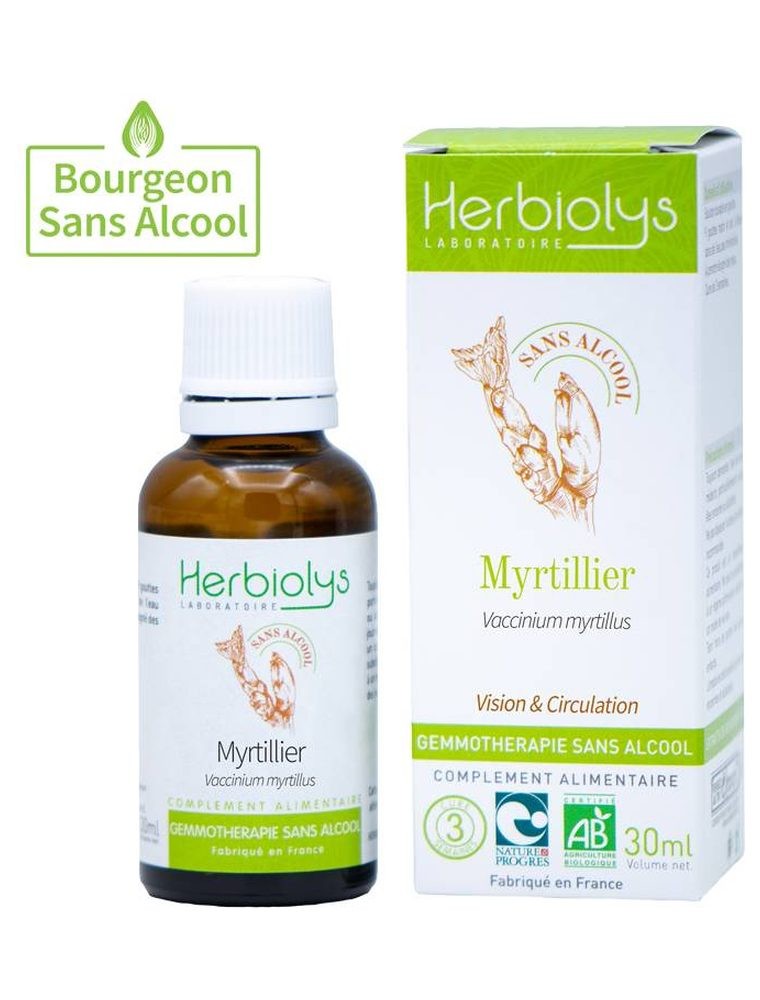 Image principale de la modale pour Myrtillier Macérât de jeunes pousses fraîches Sans Alcool Bio 30 ml - Herbiolys