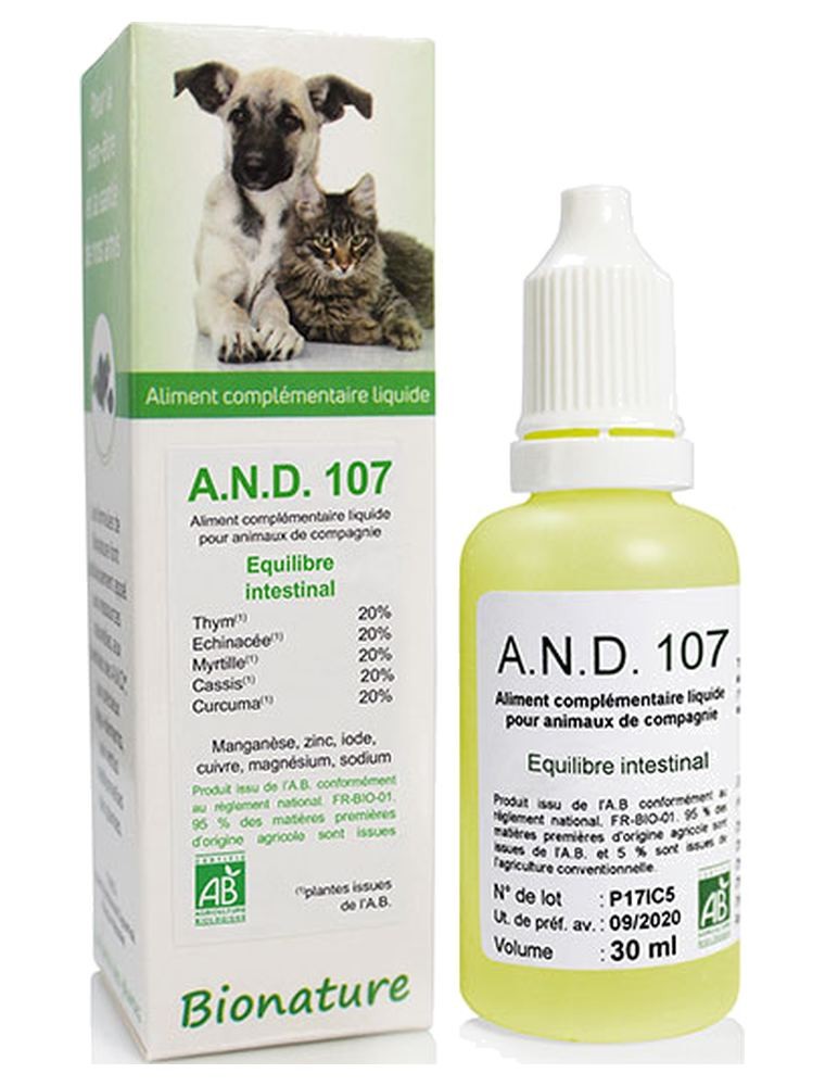 Image principale de la modale pour AND 107 - Transit et Équilibre intestinal des animaux Bio 30 ml - Bionature