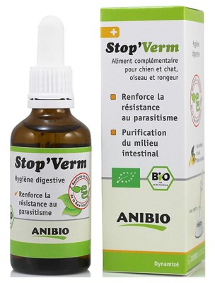 Image de Stop' Verm Bio - Vermifuge naturel pour chiens et chats 50 ml - AniBio depuis AniBio : soins et compléments pour chiens, chats et chevaux