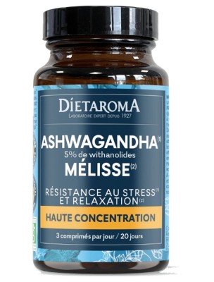 Image de Ashwagandha Mélisse Bio - Stress et Relaxation 60 comprimés - Dietaroma depuis Commandez les produits Dietaroma à l'herboristerie Louis