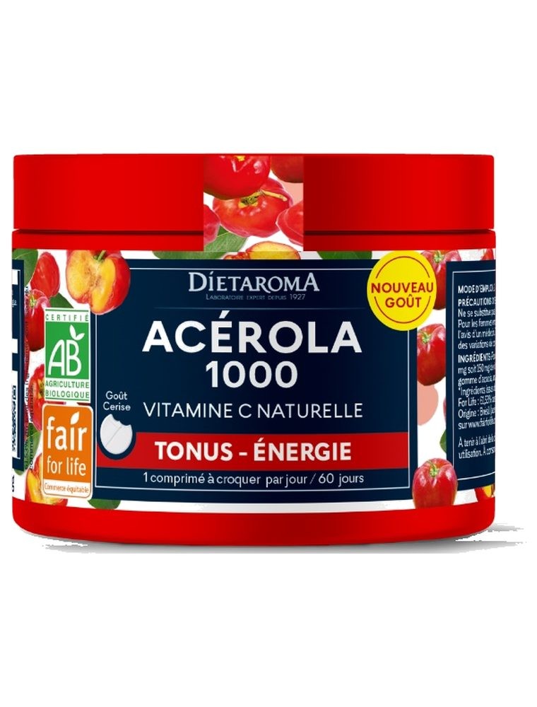 Image principale de la modale pour Acérola 1000 Bio - Pilulier Réduction de la fatigue 60 comprimés + 20% offert - Dietaroma