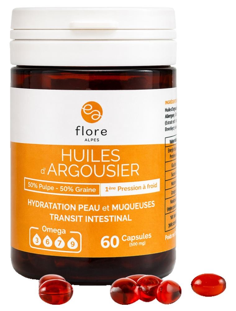 Image principale de la modale pour Huile d'Argousier Oméga 3/6/7/9 - 60 capsules - Flore Alpes