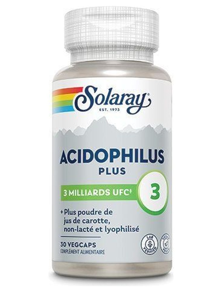 Image principale de la modale pour Acidophilus plus jus de carotte (non lacté) - Flore intestinale 100ug 30 capsules végétales - Solaray