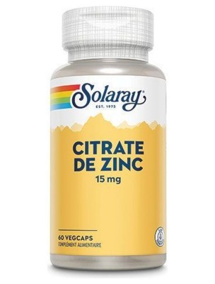 Image de Citrate de Zinc 15mg - Immunité et Peau 60 capsules végétales - Solaray depuis Solaray : vitamines, plantes titrées, champignons fermentés