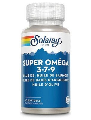 Image de Super Oméga 3 7 9  et D3 - Huiles de Saumon, de baies d'Argousier, d'Olive 60 capsules - Solaray depuis Solaray : vitamines, plantes titrées, champignons fermentés (2)