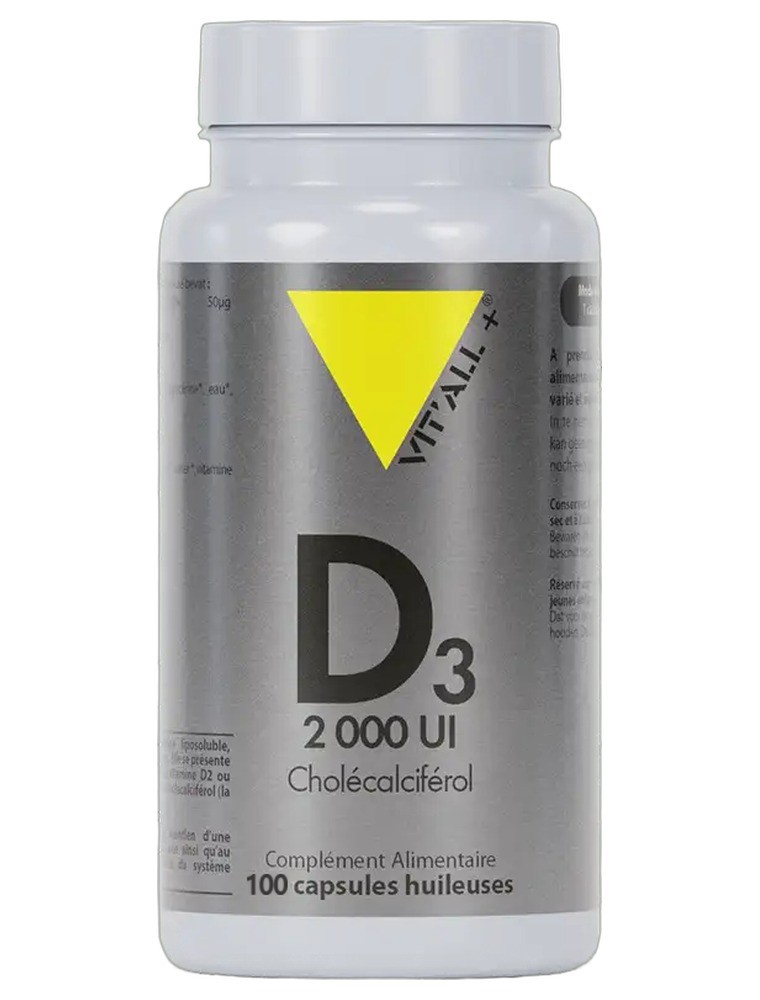 Image principale de la modale pour Vitamine D3 2000 UI Cholécalciférol 50 µg - Os et Immunité 100 capsules - Vit'all+