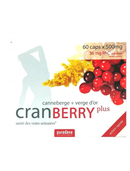 Achetez Cranberry plus - Canneberge et Verge d'or 60 capsules - Purasana à l'herboristerie Louis Image principale de Cranberry plus - Canneberge et Verge d'or 60 capsules - Purasana