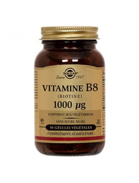 Achetez Biotin (Vitamine B8) 1000 ug - Chute des cheveux 50 gélules végétales - Solgar à l'herboristerie Louis Image principale de Biotin (Vitamine B8) 1000 ug - Chute des cheveux 50 gélules végétales - Solgar