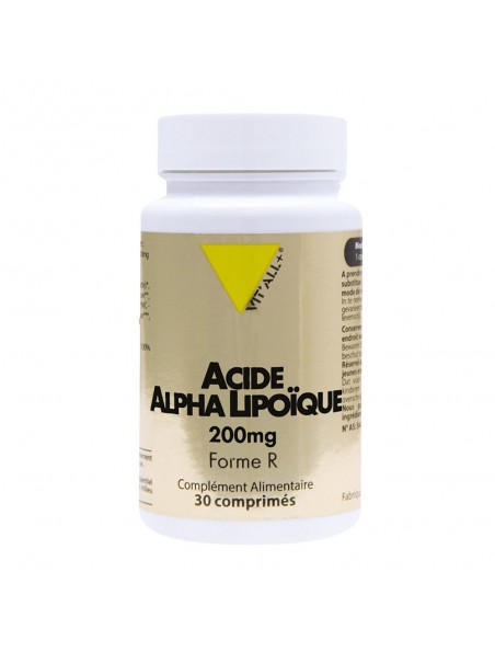 Achetez Acide Alpha-Lipoïque Forme R 200 mg - Antioxydant 30 Comprimés - Vit'all+ à l'herboristerie Louis Image principale de Acide Alpha-Lipoïque Forme R 200 mg - Antioxydant 30 Comprimés - Vit'all+