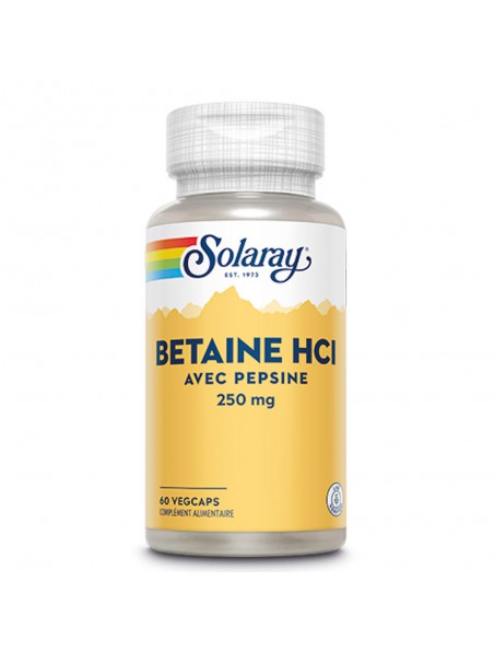 Achetez Bétaïne HCl avec Pepsine - Confort Digestif 60 capsules - Solaray à l'herboristerie Louis Image principale de Bétaïne HCl avec Pepsine - Confort Digestif 60 capsules - Solaray