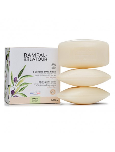 Achetez Savons Extra-Doux Hypoallergéniques Bio - Peaux Sensibles Amande Douce 3x150 g - Rampal Latour à l'herboristerie Louis Image principale de Savons Extra-Doux Hypoallergéniques Bio - Peaux Sensibles Amande Douce 3x150 g - Rampal Latour