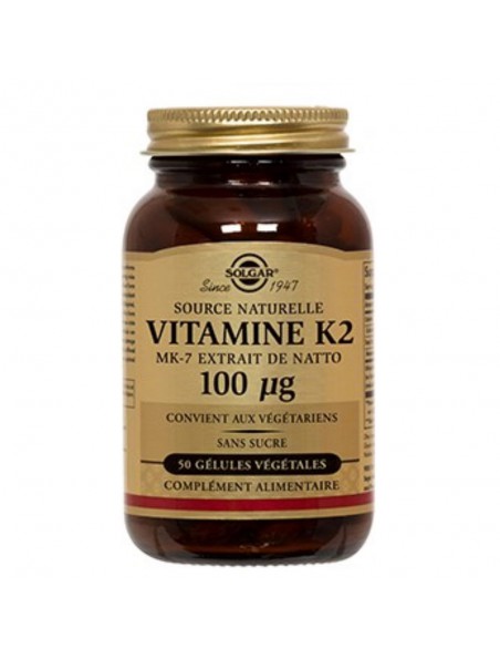 Achetez Vitamine K2 naturelle (MK-7) 100 ug - Solidité des os et coagulation 50 gélules - Solgar à l'herboristerie Louis Image principale de Vitamine K2 naturelle (MK-7) 100 ug - Solidité des os et coagulation 50 gélules - Solgar