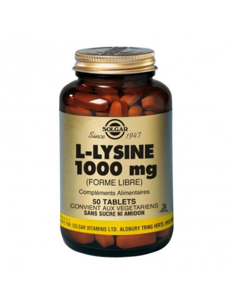 Achetez L-Lysine 1000 mg - Acide Aminé 50 capsules - Solgar à l'herboristerie Louis Image principale de L-Lysine 1000 mg - Acide Aminé 50 capsules - Solgar