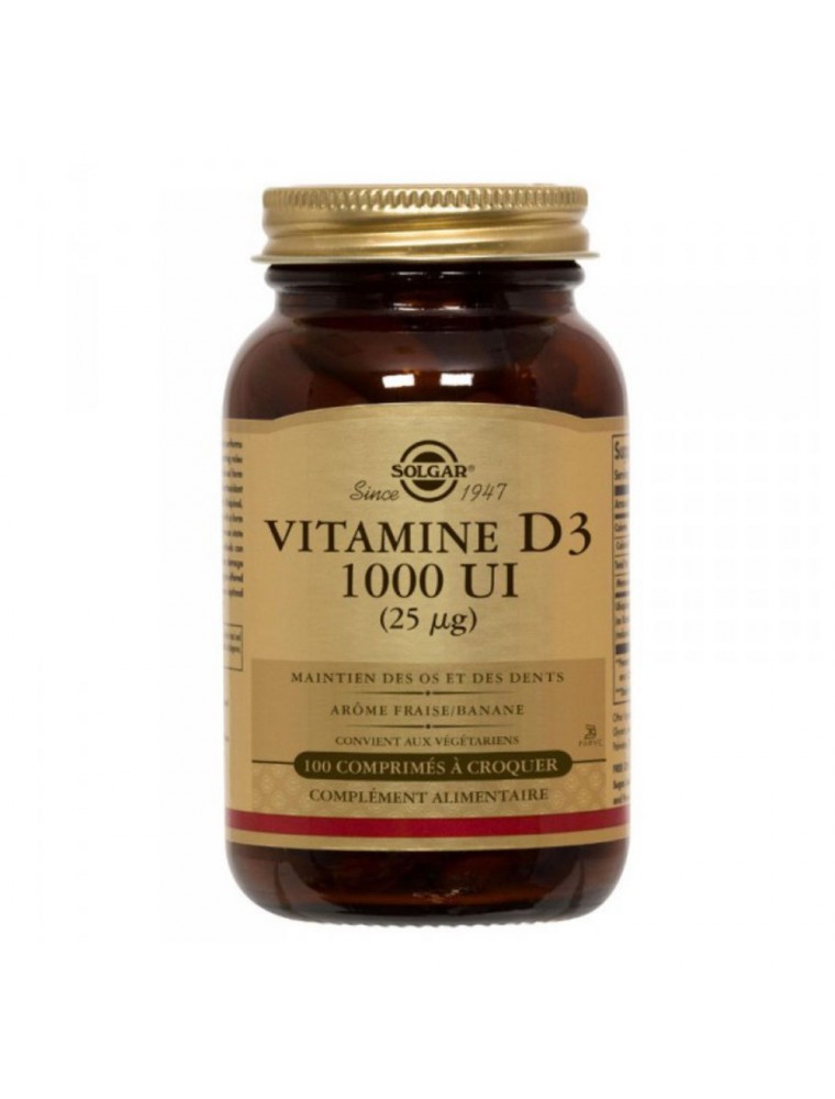 Image principale de la modale pour Vitamine D3 1000UI - Os et défenses immunitaires 100 comprimés à croquer - Solgar