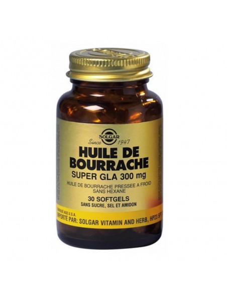 Achetez Bourrache Super GLA 300 mg - Acides Gras Essentiels 30 softgels - Solgar à l'herboristerie Louis Image principale de Bourrache Super GLA 300 mg - Acides Gras Essentiels 30 softgels - Solgar