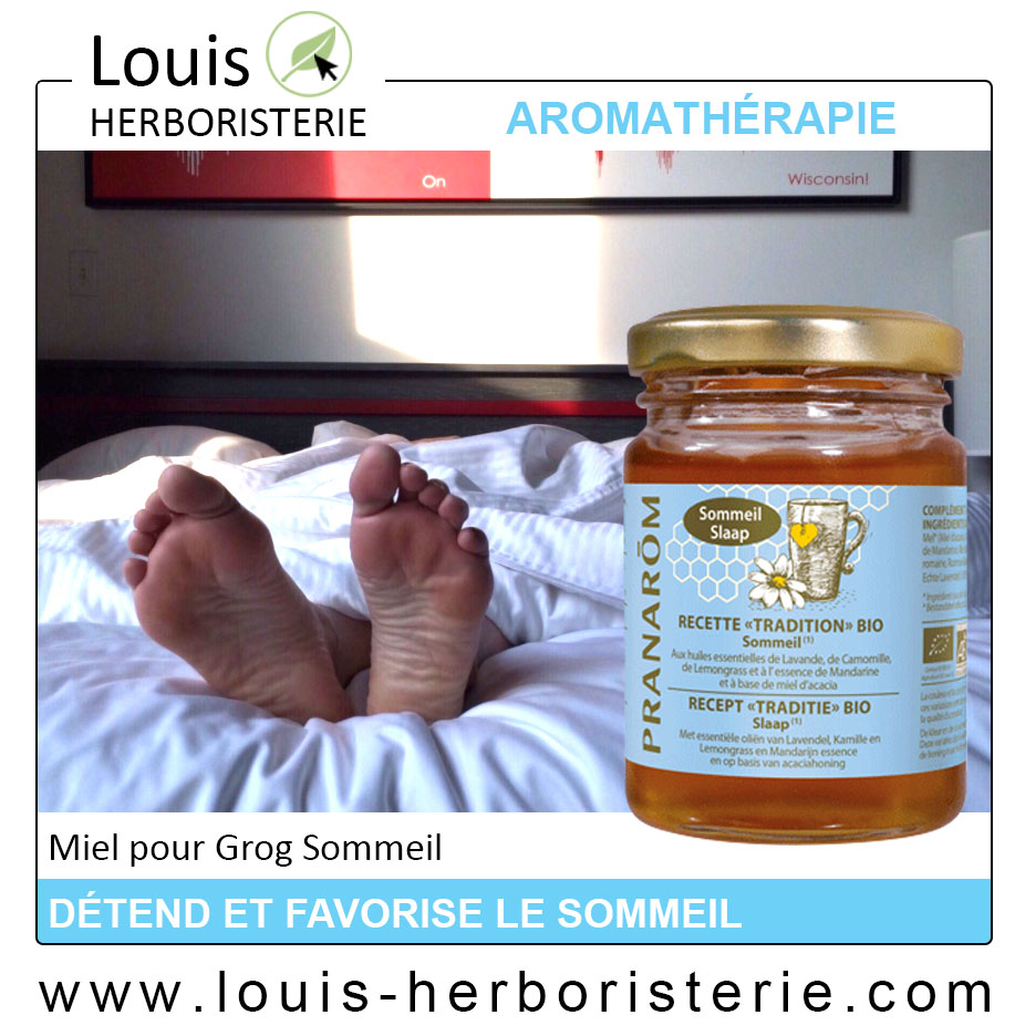 Photo de pieds d'une personne qui dort près d'un pot de miel pour grog aux huiles essentielles de Pranarôm