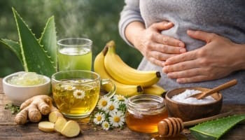 Solutions de grand-mère éprouvées pour soulager l'aigreur gastrique et le reflux acide : une sélection d'ingrédients naturels et une personne qui a mal au ventre.