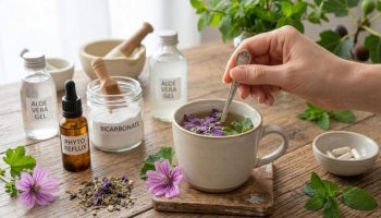 Préparation d'une tisane de fleurs de mauve et sélection de remèdes de grand-mère naturels contre le reflux gastrique et les brûlures d'estomac, avec le flacon Phyto Reflux, du bicarbonate et du gel d'aloe vera.
