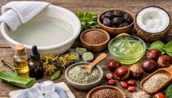 Remèdes de grand-mère et solutions naturelles pour soulager les hémorroïdes : bassin pour bain de siège, marrons d'Inde, argile verte, fleurs d'hamamélis, huile de coco et gel d'aloe vera.