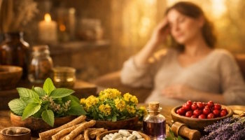 Sélection de plantes adaptogènes et remèdes de grand-mère pour faire baisser le cortisol et soulager le stress chronique, avec de l'ashwagandha, du basilic sacré, de la lavande et une femme fatiguée en arrière-plan.