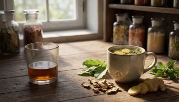Tisane de gingembre frais et remèdes de grand-mère naturels pour accompagner le sevrage et se dégoûter de l'alcool, présentés face à un verre d'alcool avec des racines de kudzu et des feuilles d'ortie.