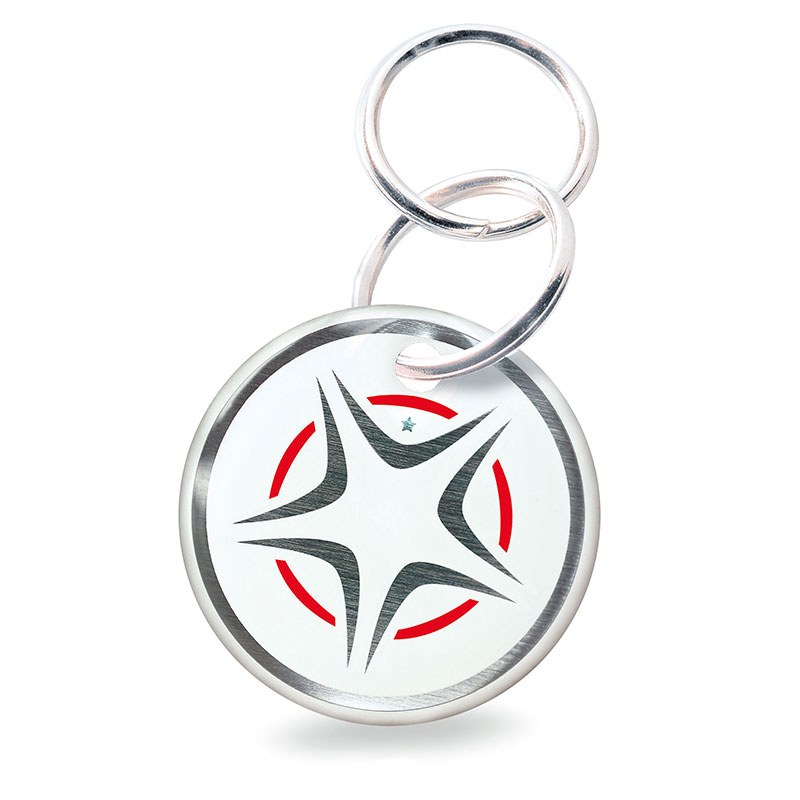 Médaille ronde tic.clip Anibio, étoile grise et cercle rouge, avec son anneau d’attache pour collier