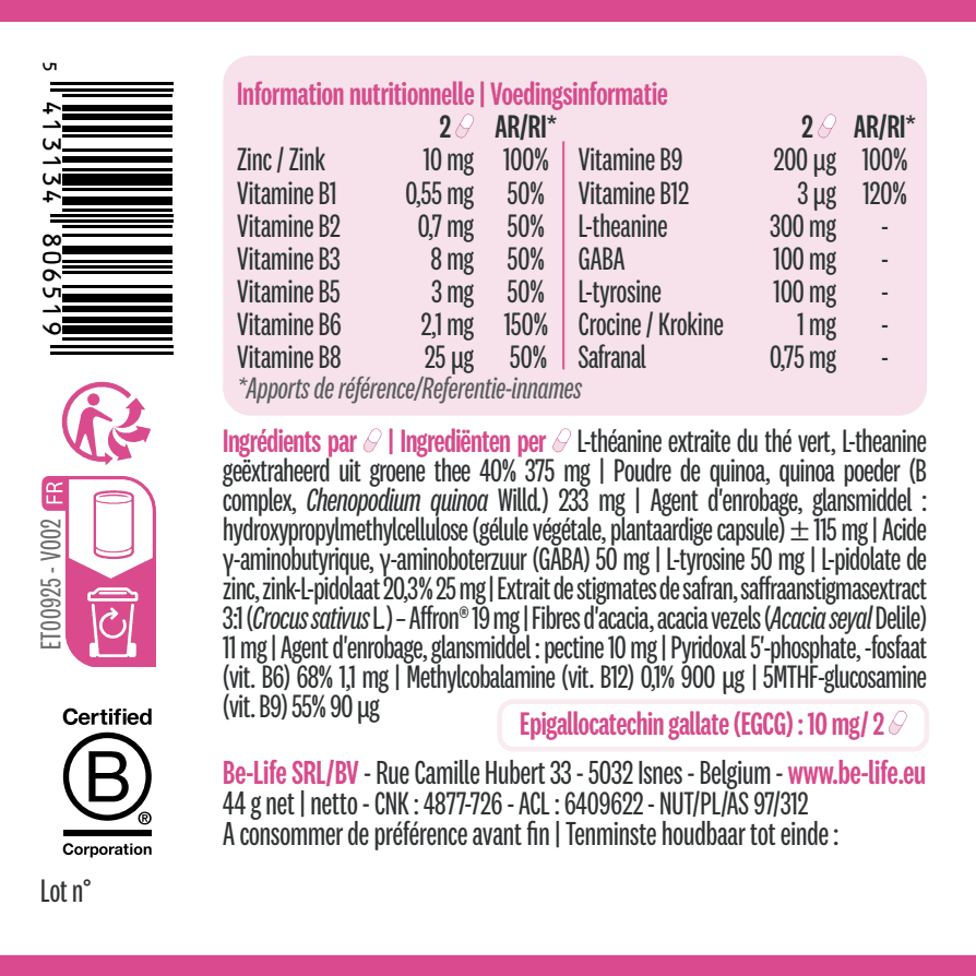 Étiquette Safraline Plus Be-Life : zinc 100 % AR, vitamines B, 300 mg de L-théanine, crocine et safranal pour 2 gélules