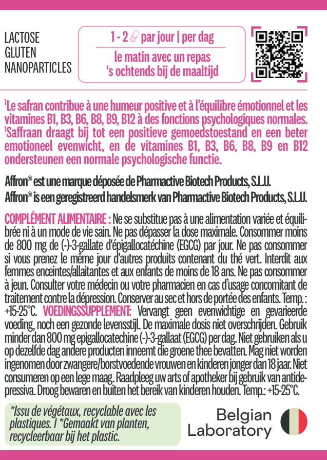Étiquette Safraline Plus Be-Life : 1 à 2 gélules le matin avec un repas, interdit avant 18 ans et pendant la grossesse