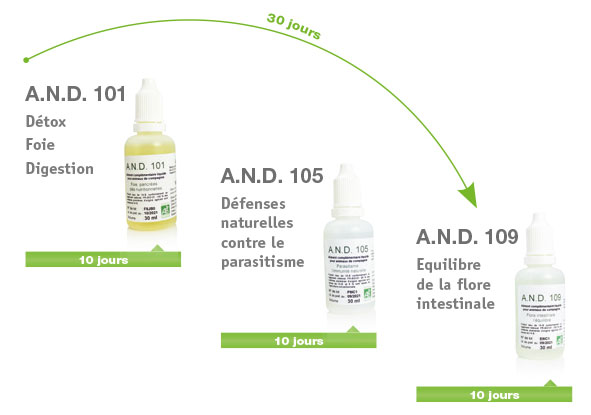 Plan de santé sur 30 jours : AND 101 foie et digestion, AND 105 parasitisme, AND 109 flore intestinale, 10 jours chacun
